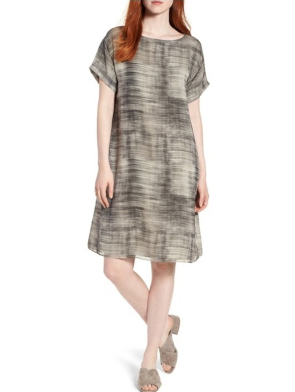 Eileen Fisher Silk Brushstrokes Bateau Neck Shirt Dress XL